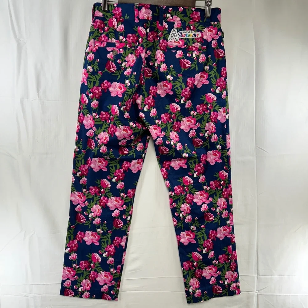 Royal & Awesome Golf Pants Mens 30/30 Navy Pink Peony Floral Print Trousers